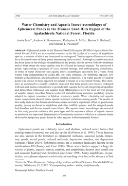 Water Chemistry and Aquatic Insect Assemblages of Ephemeral Ponds in the Munson Sand Hills Region of the Apalachicola National Forest, Florida