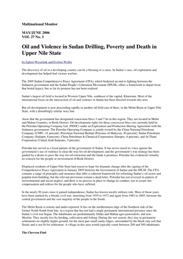 Oil and Violence in Sudan Drilling, Poverty and Death in Upper Nile State by Egbert Wesselink and Evelien Weller