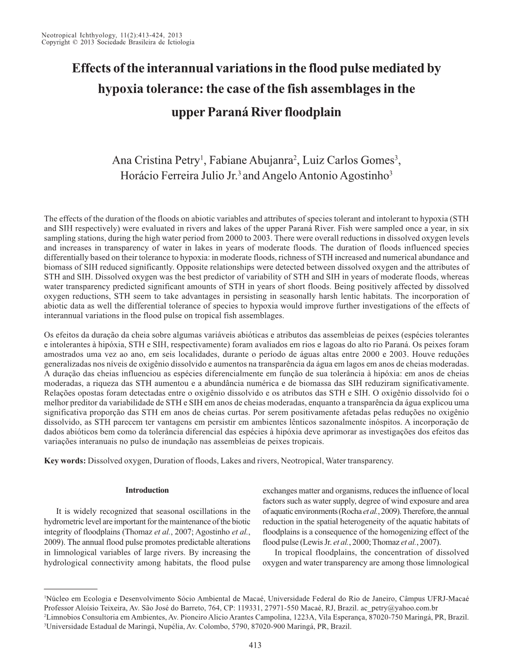 Effects of the Interannual Variations in the Flood Pulse Mediated by Hypoxia Tolerance: the Case of the Fish Assemblages in the Upper Paraná River Floodplain