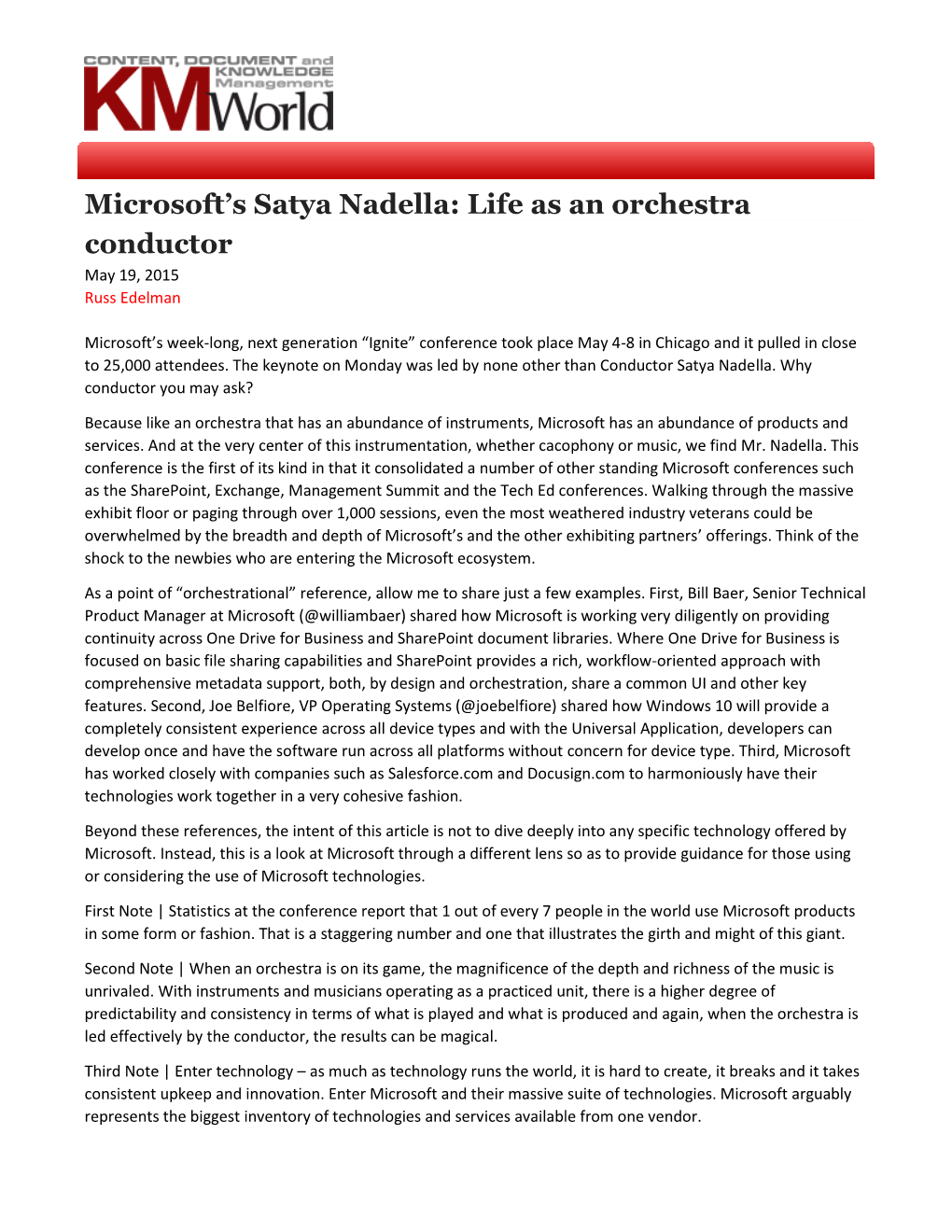 Kmworld Microsoft's Satya Nadella: Life As an Orchestra Conductor