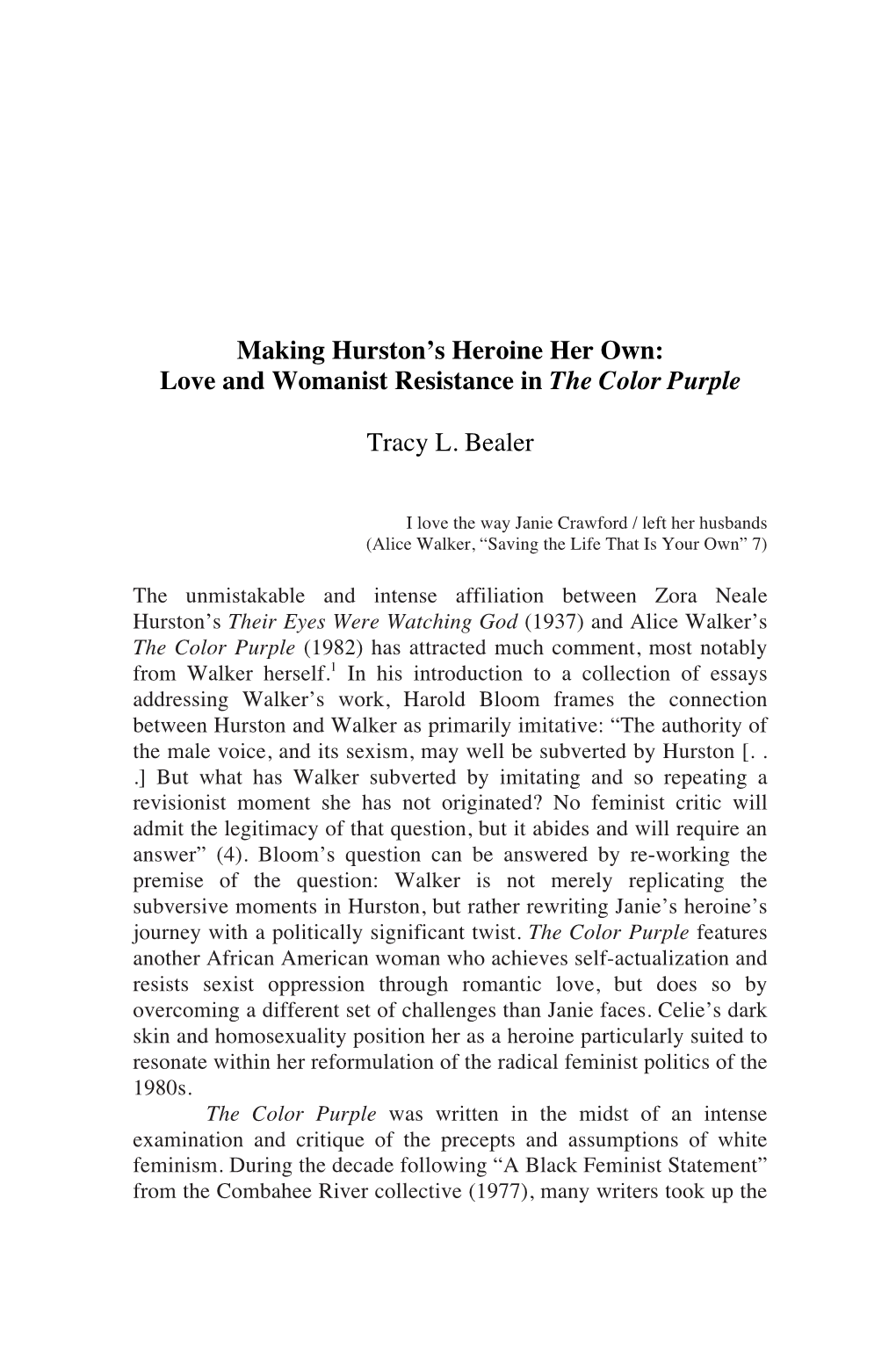 Love and Womanist Resistance in the Color Purple Tracy L. Bealer