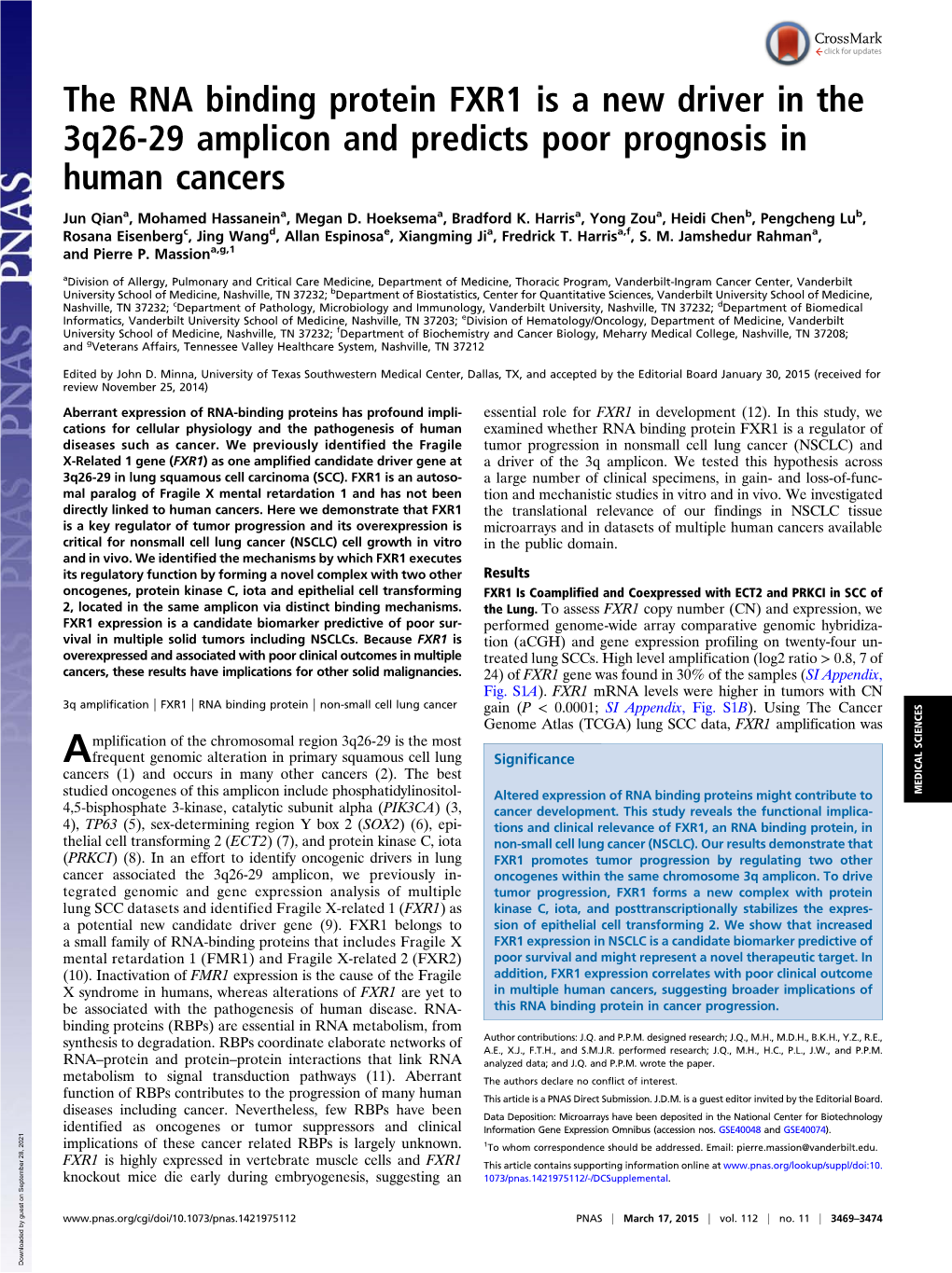 The RNA Binding Protein FXR1 Is a New Driver in the 3Q26-29 Amplicon and Predicts Poor Prognosis in Human Cancers