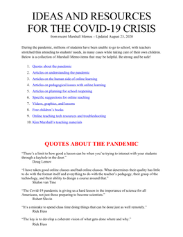 IDEAS and RESOURCES for the COVID-19 CRISIS from Recent Marshall Memos – Updated August 23, 2020
