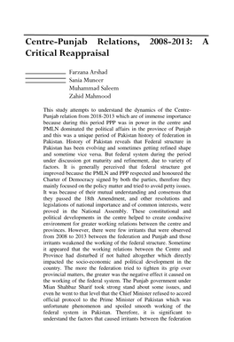 Centre-Punjab Relations, 2008-2013: a Critical Reappraisal
