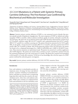 SLC22A5 Mutations in a Patient with Systemic Primary Carnitine Deficiency: the First Korean Case Confirmed by Biochemical and Molecular Investigation