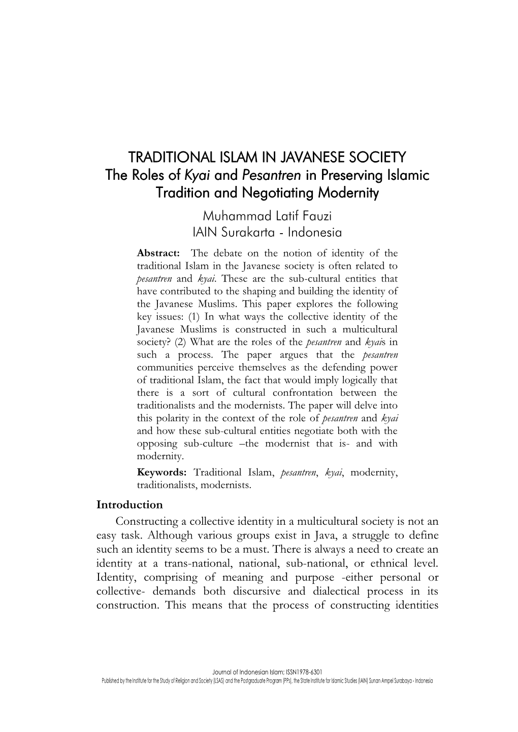 TRADITIONAL ISLAM in JAVANESE SOCIETY the Roles of Kyai And