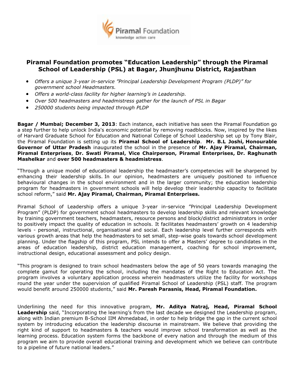 Piramal Foundation Promotes “Education Leadership” Through the Piramal School of Leadership (PSL) at Bagar, Jhunjhunu District, Rajasthan