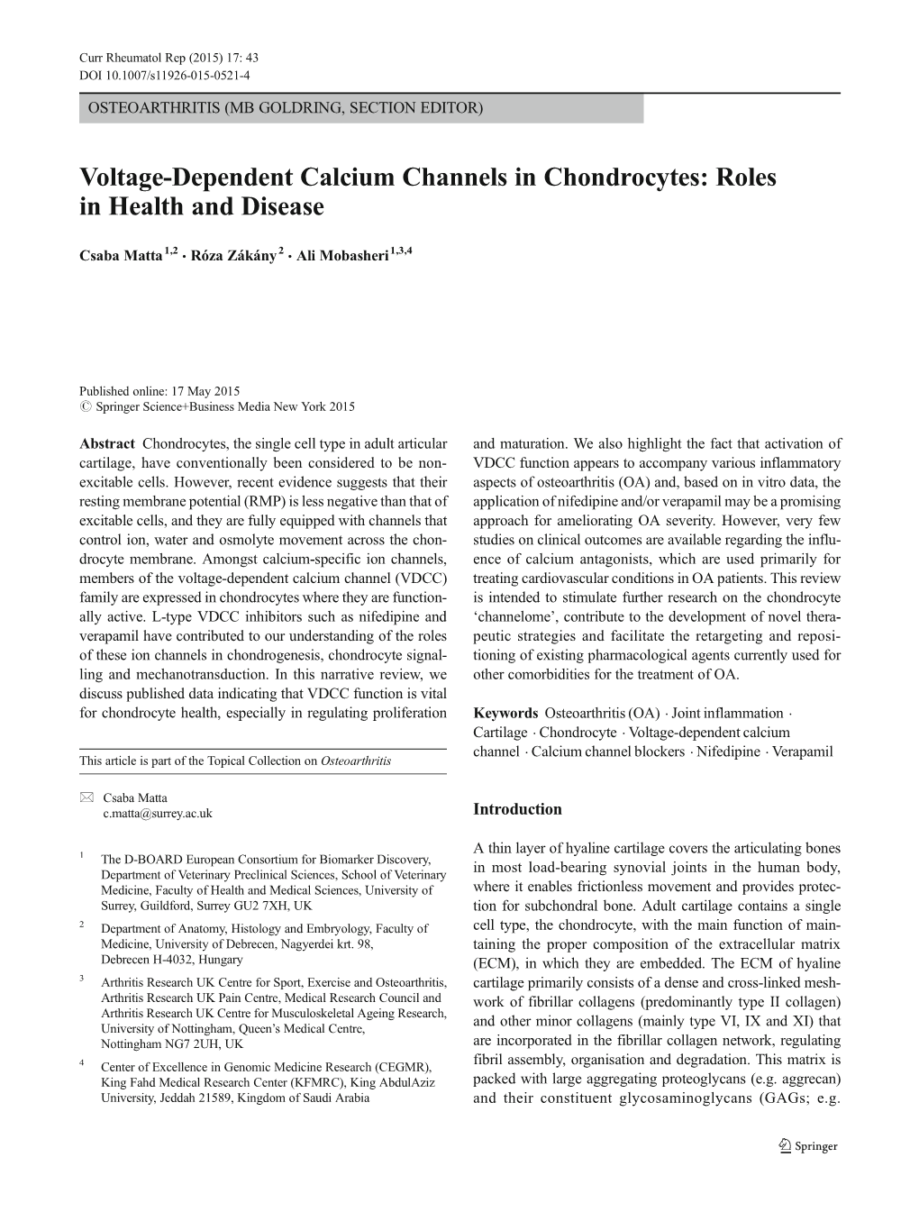 Voltage-Dependent Calcium Channels in Chondrocytes: Roles in Health and Disease