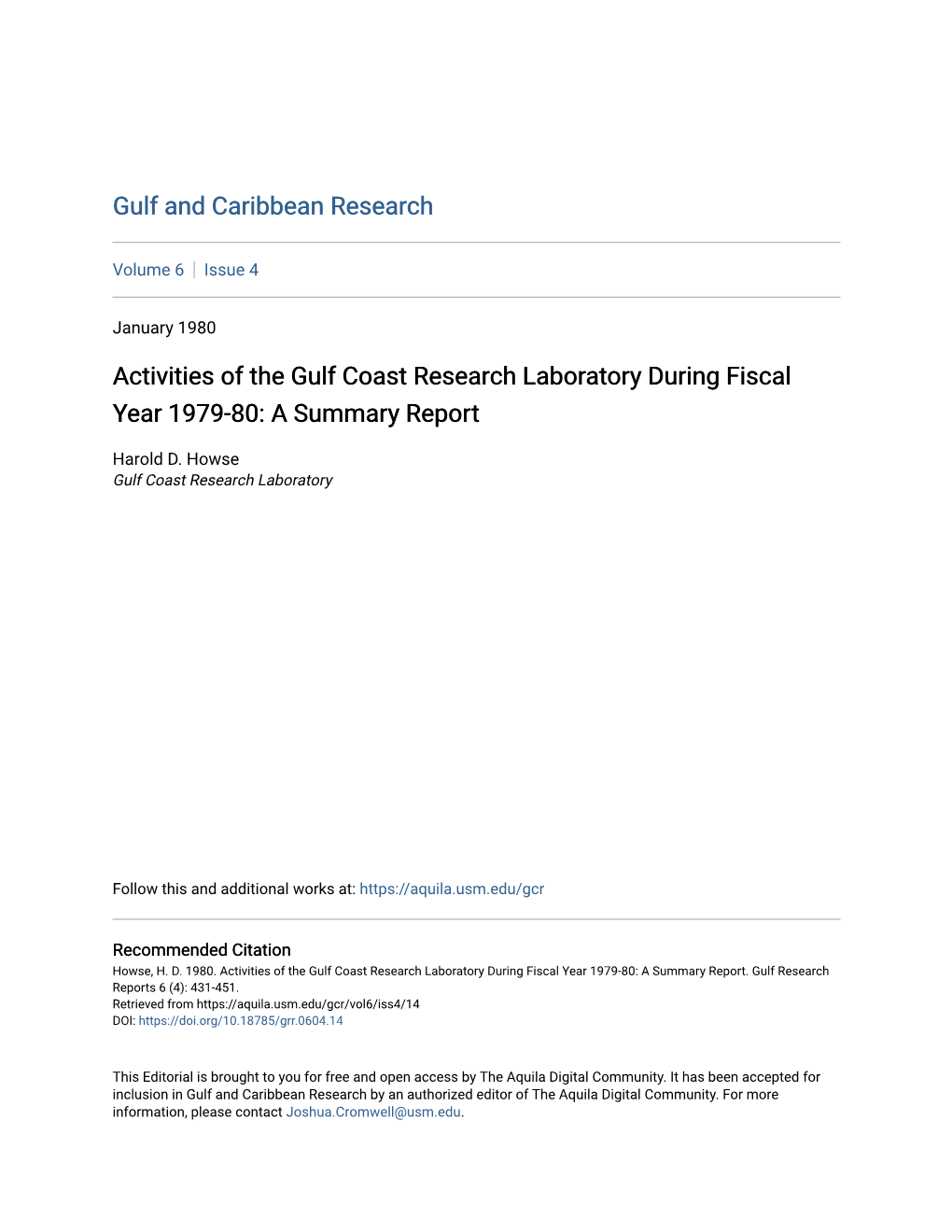 Activities of the Gulf Coast Research Laboratory During Fiscal Year 1979-80: a Summary Report