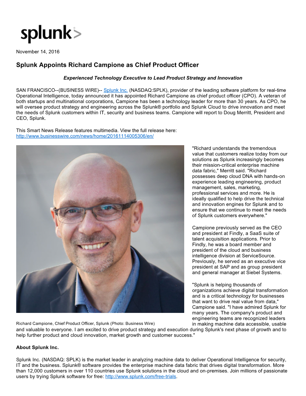 Splunk Appoints Richard Campione As Chief Product Officer