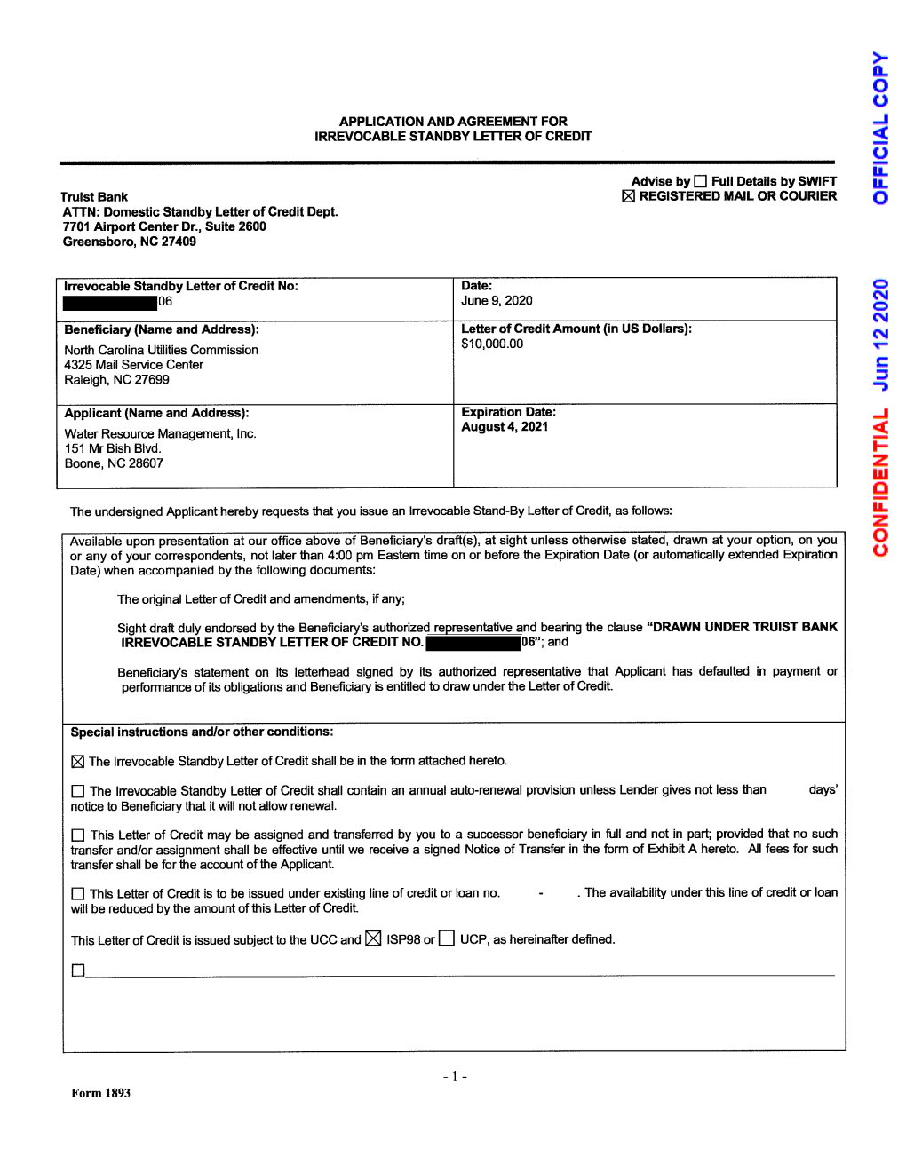 APPLICATION and AGREEMENT for IRREVOCABLE STANDBY LETTER of CREDIT Truist Bank ATTN