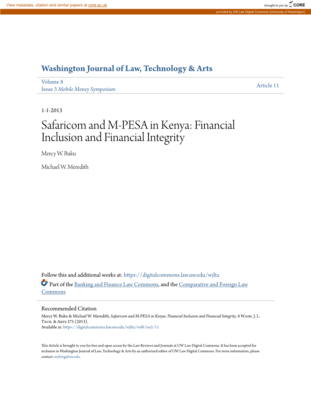 Safaricom and M-PESA in Kenya: Financial Inclusion and Financial Integrity Mercy W