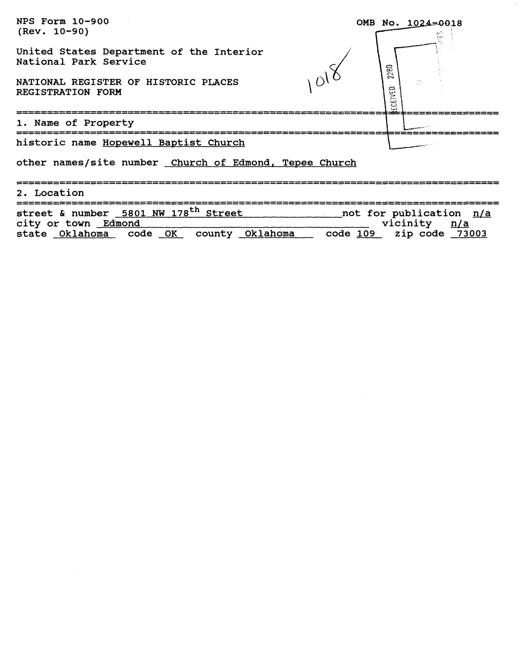 NFS Form 10-900 (Rev. 10-90) United States Department of the Interior National Park Service 1. Name of Property Historic Name Ho