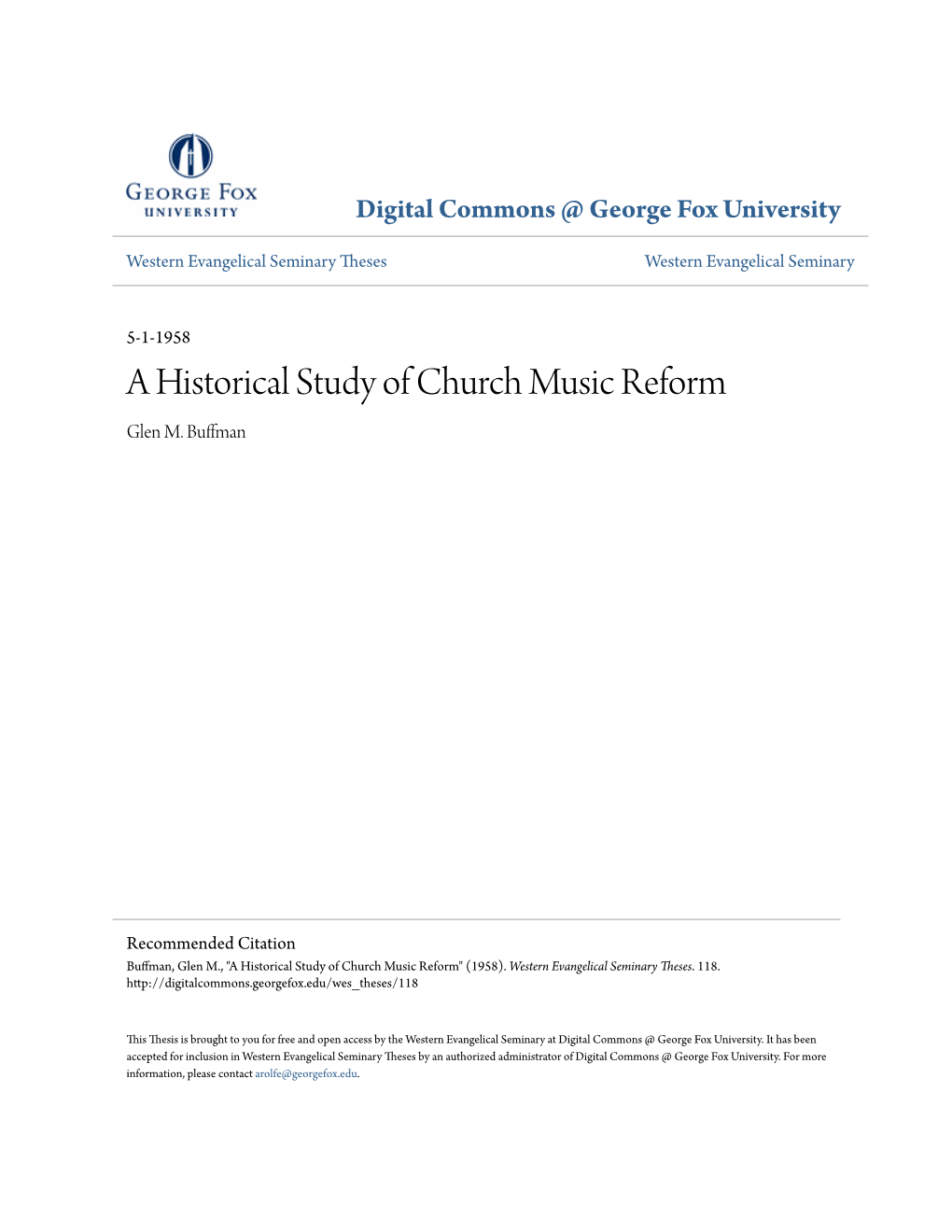 A Historical Study of Church Music Reform Glen M