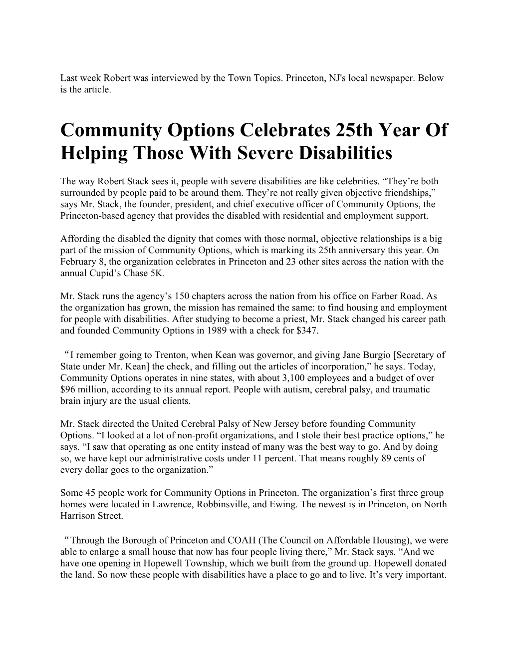 Community Options Celebrates 25Th Year of Helping Those with Severe Disabilities