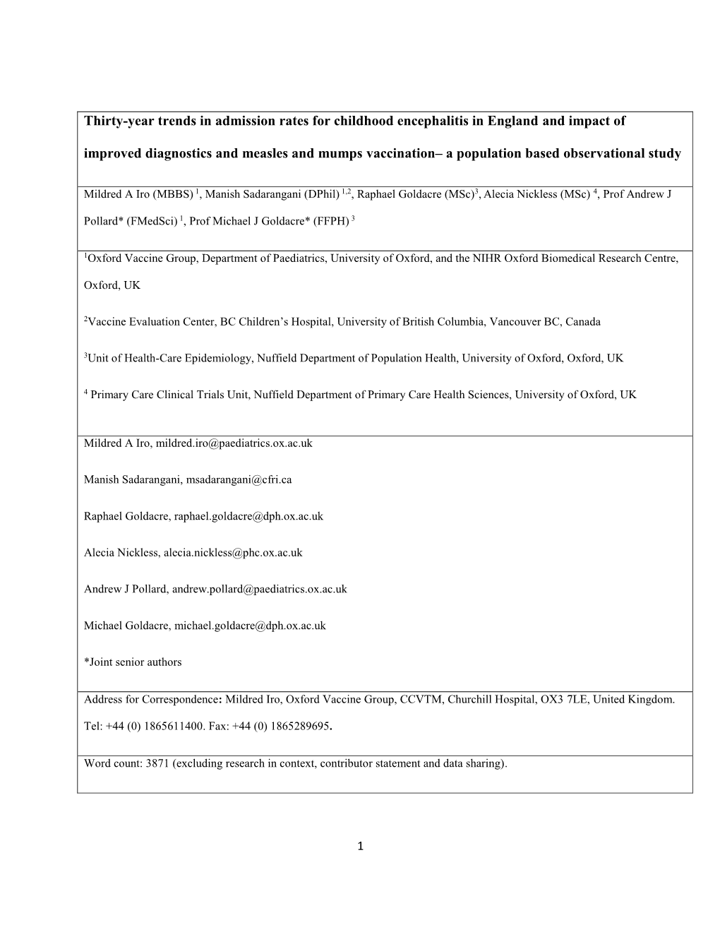 Thirty-Year Trends in Admission Rates for Childhood Encephalitis In