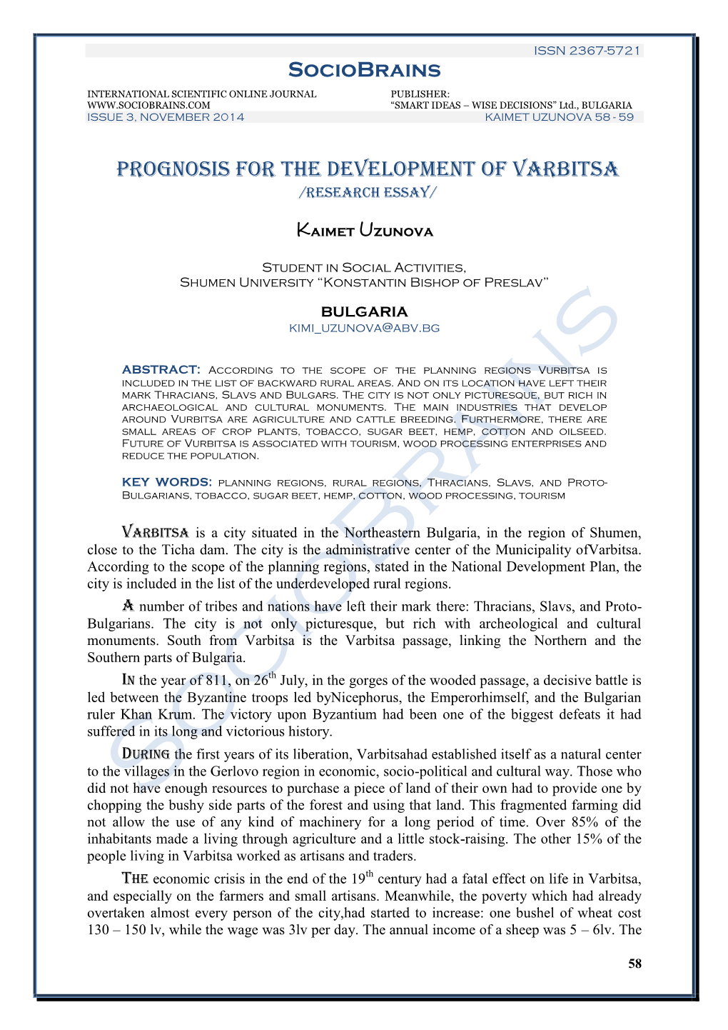 Sociobrains PROGNOSIS for the DEVELOPMENT of VARBITSA