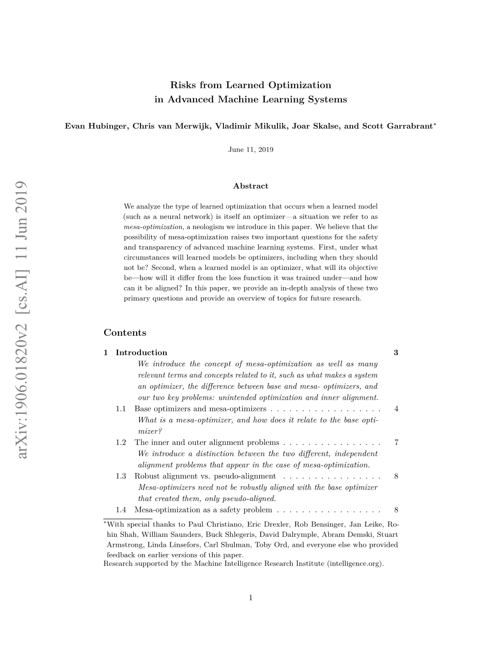 Arxiv:1906.01820V2 [Cs.AI] 11 Jun 2019 Alignment Problems That Appear in the Case of Mesa-Optimization