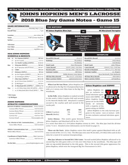 JOHNS HOPKINS MEN's LACROSSE 2018 Blue Jay Game Notes