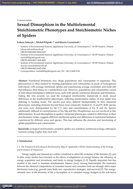 Sexual Dimorphism in the Multielemental Stoichiometric Phenotypes and Stoichiometric Niches of Spiders