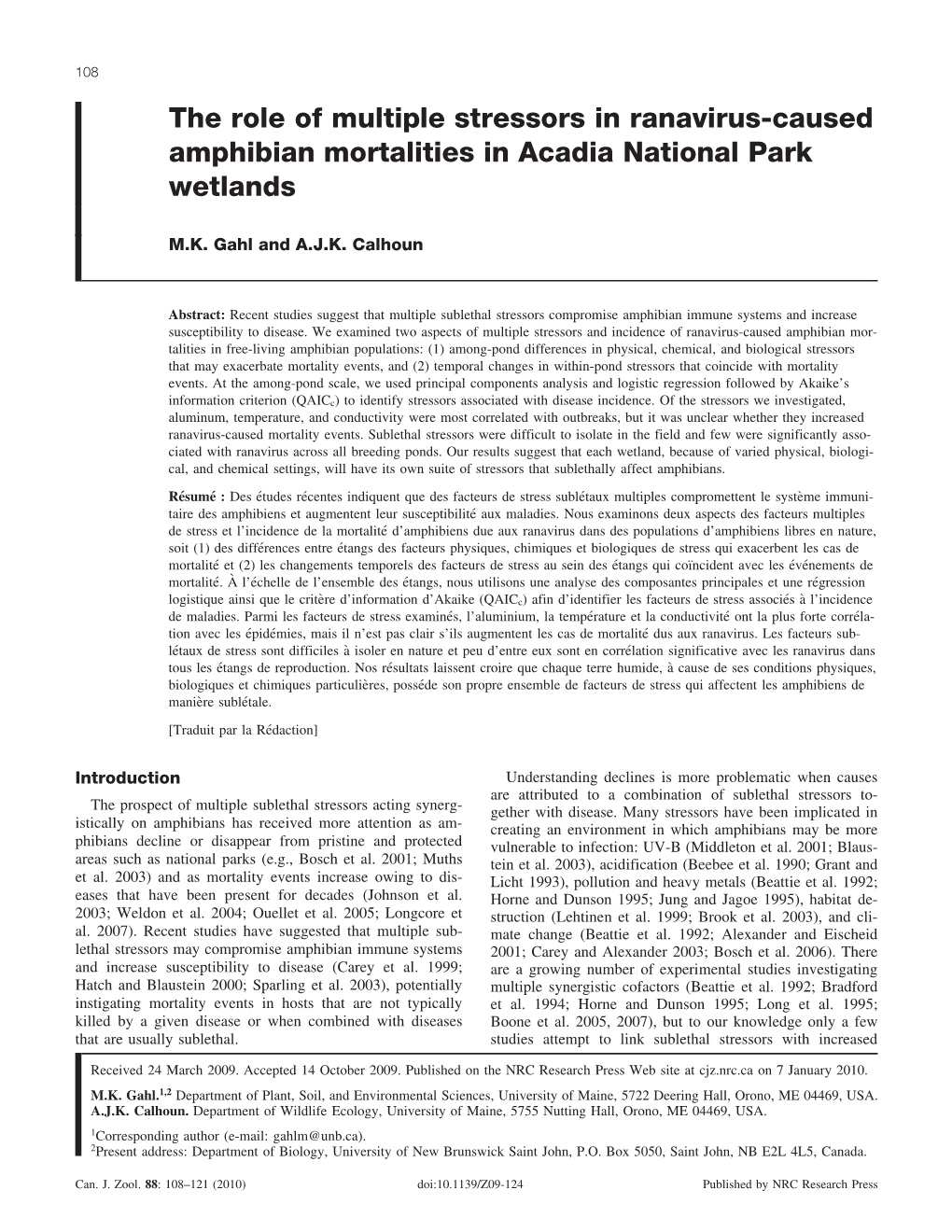 The Role of Multiple Stressors in Ranavirus-Caused Amphibian Mortalities in Acadia National Park Wetlands