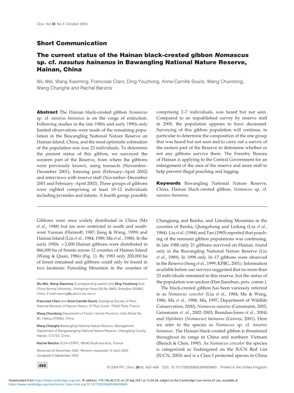 The Current Status of the Hainan Black-Crested Gibbon Nomascus Sp