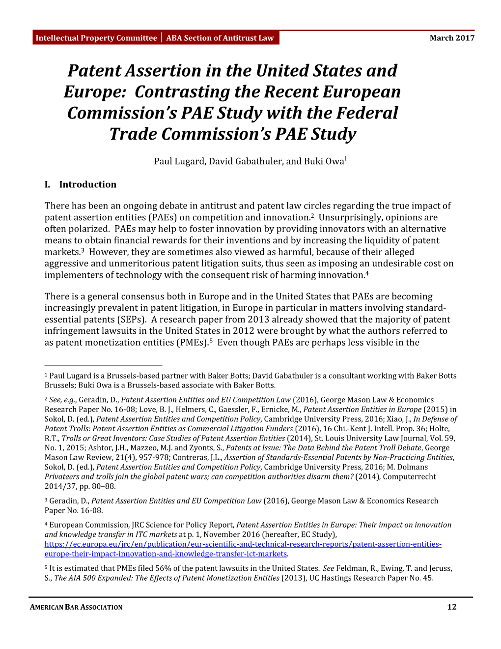 Patent Assertion in the United States and Europe: Contrasting the Recent European Commission’S PAE Study with the Federal Trade Commission’S PAE Study