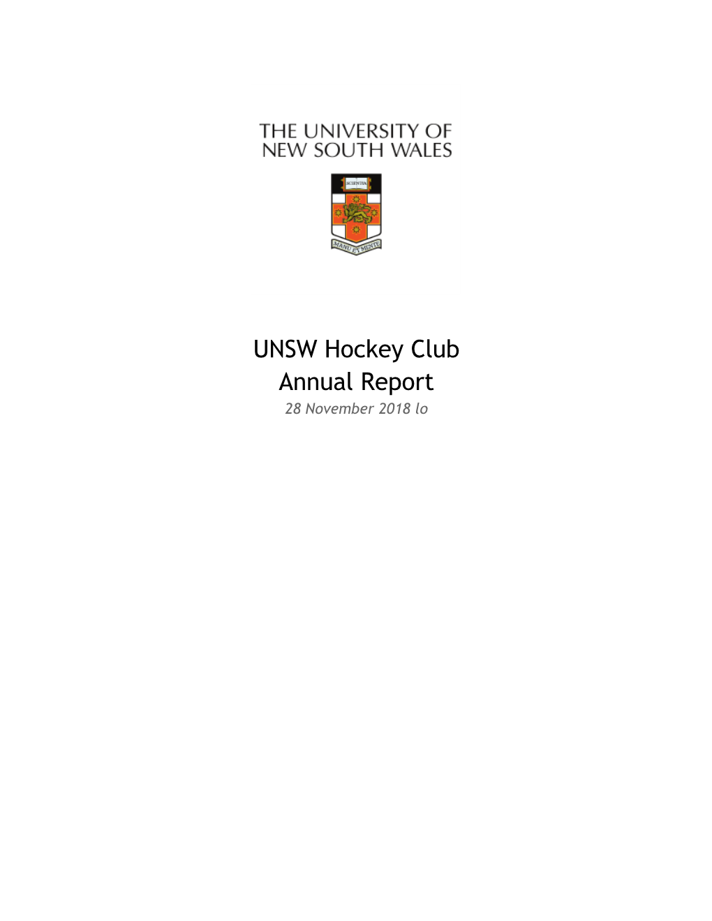 UNSW Hockey Club Annual Report 28 November 2018 Lo
