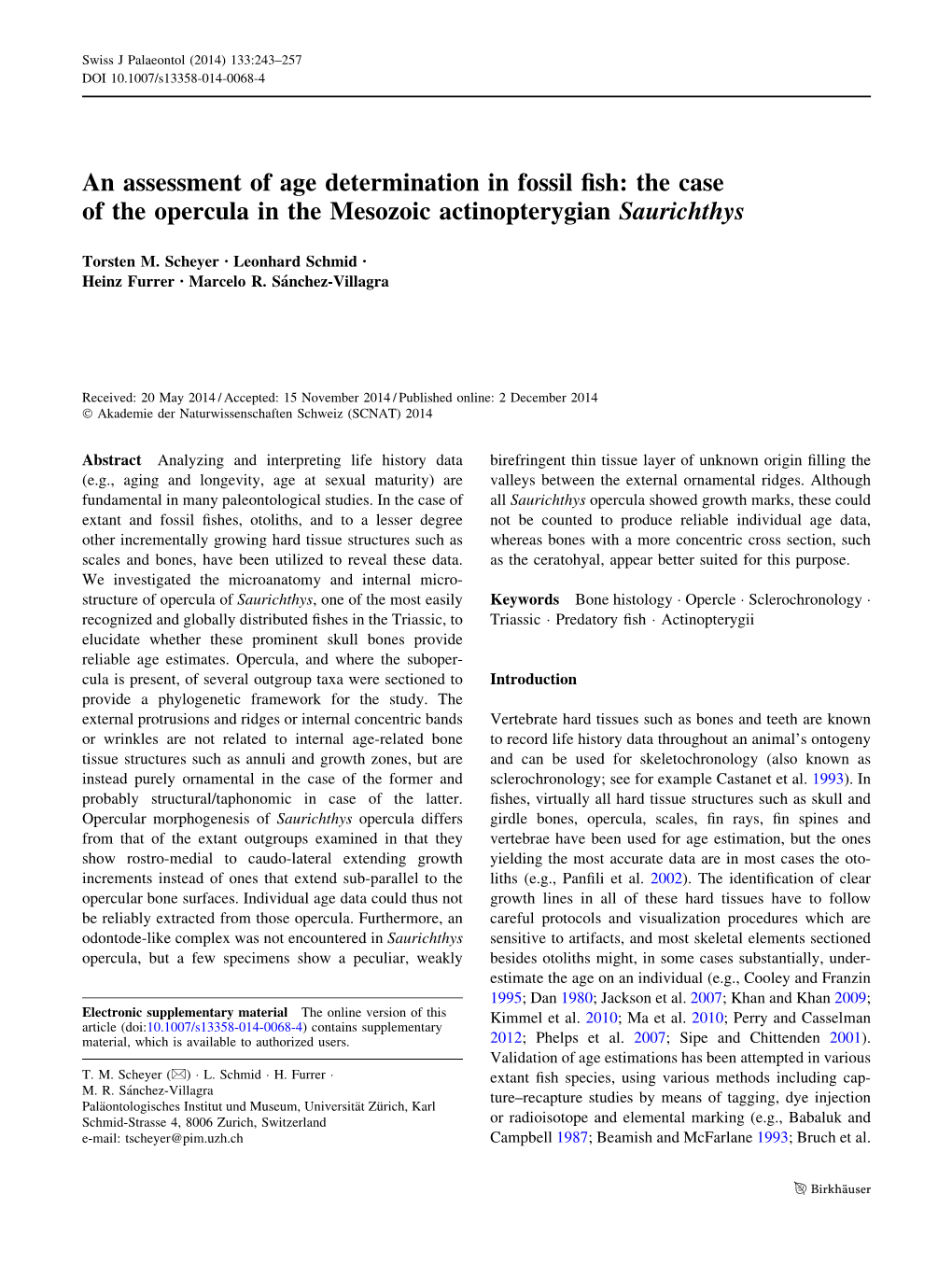 The Case of the Opercula in the Mesozoic Actinopterygian Saurichthys