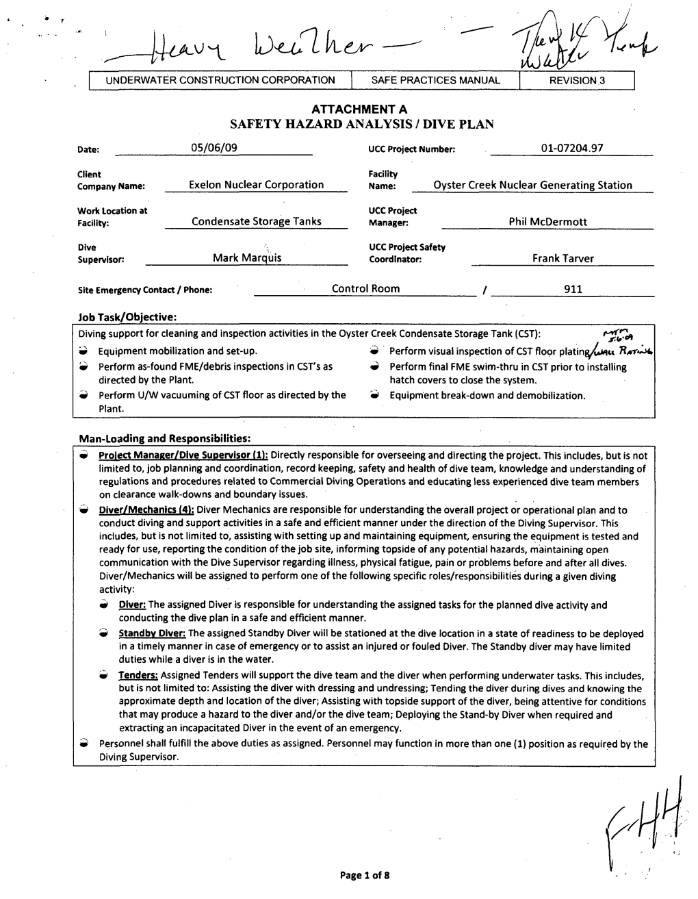 Attachment A, Safety Hazard Analysis/Dive Plan