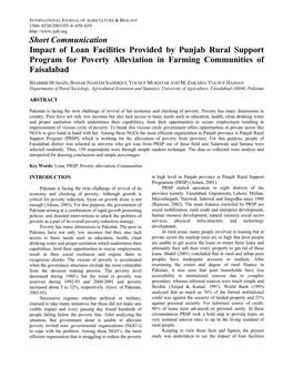 Short Communication Impact of Loan Facilities Provided by Punjab Rural Support Program for Poverty Alleviation in Farming Communities of Faisalabad