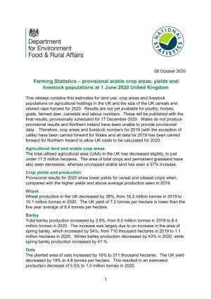 Farming Statistics – Provisional Arable Crop Areas, Yields and Livestock Populations at 1 June 2020 United Kingdom