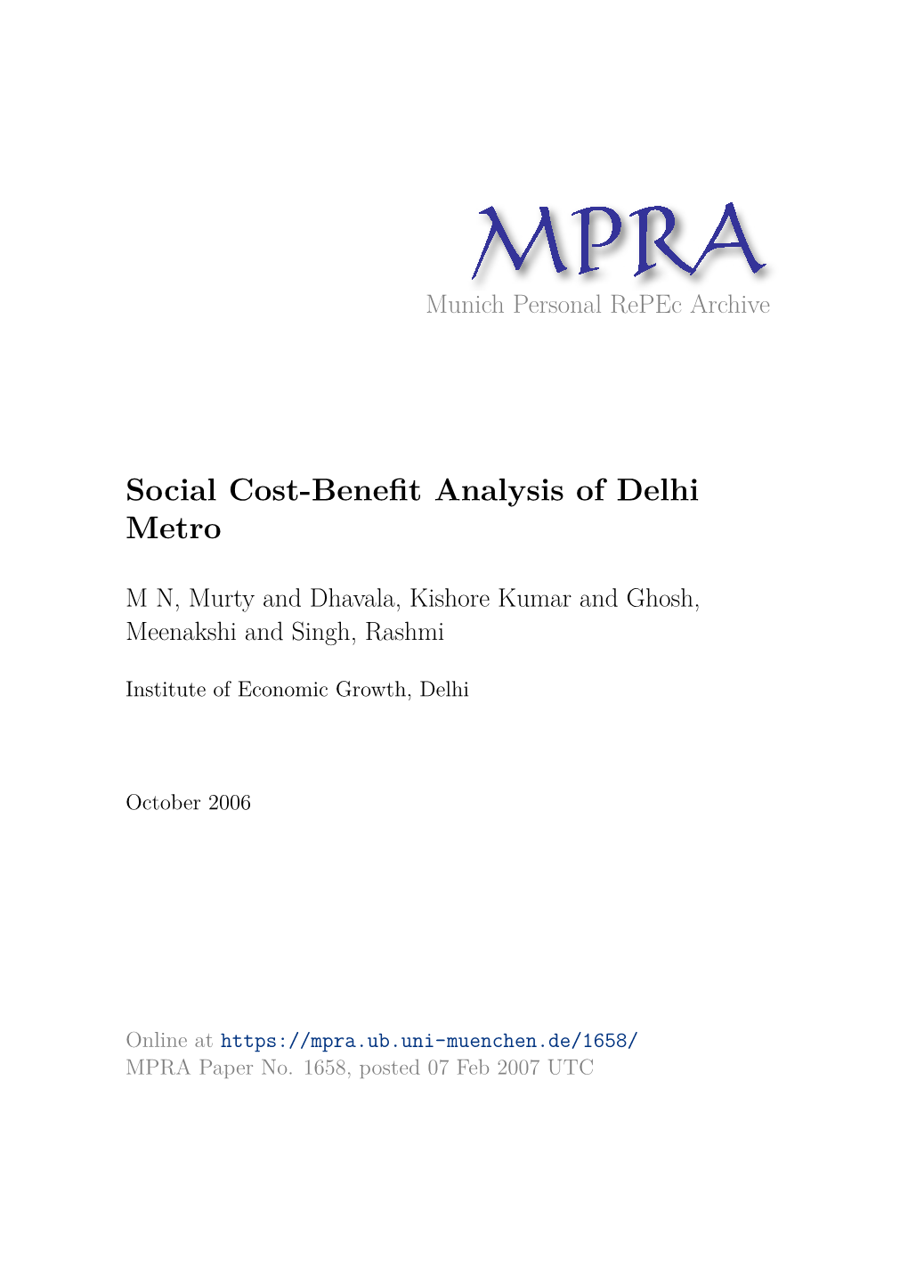 Social Cost-Benefit Analysis of Delhi Metro