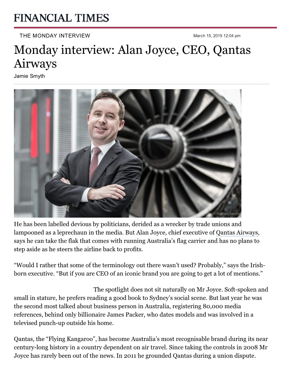 Alan Joyce, CEO, Qantas Airways ­ FT.Com