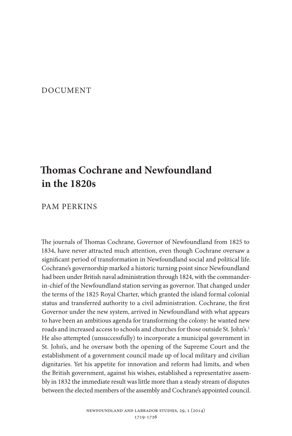 Thomas Cochrane and Newfoundland in the 1820S