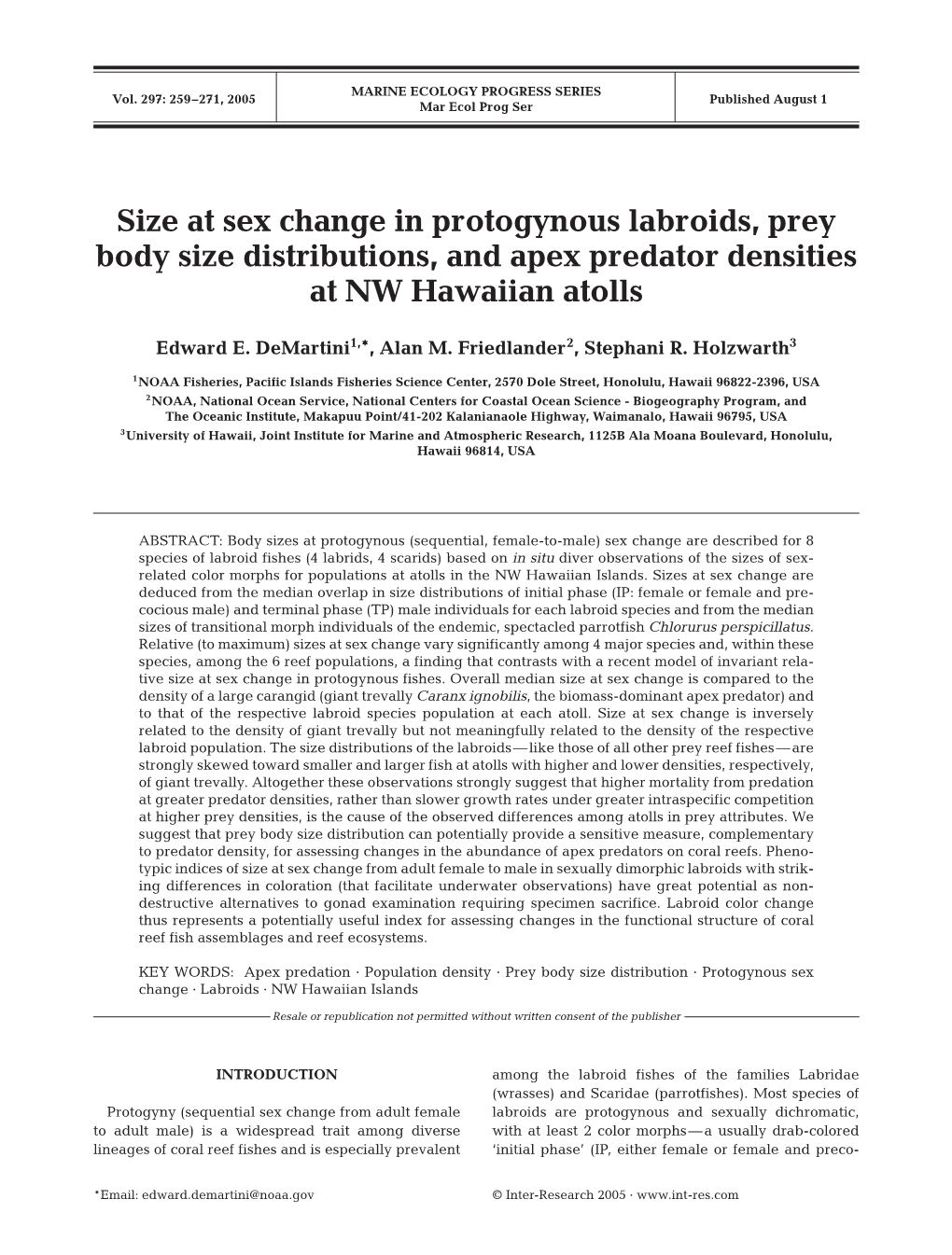 Size at Sex Change in Protogynous Labroids, Prey Body Size Distributions, and Apex Predator Densities at NW Hawaiian Atolls