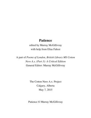 Patience Edited by Murray Mcgillivray with Help from Elias Fahssi