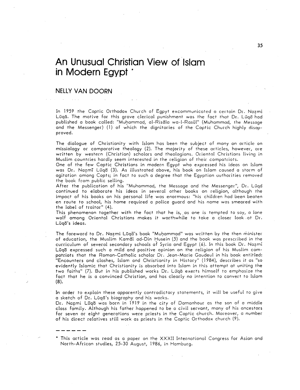 35 an Unusual Christian View of Islam in Modern Egypt * NELLY VAN