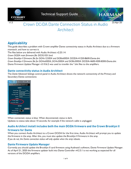 Crown Dcida Dante Connection Status in Audio Architect