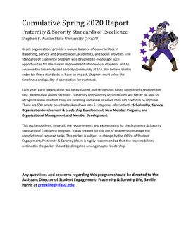 Cumulative Spring 2020 Report Fraternity & Sorority Standards of Excellence Stephen F