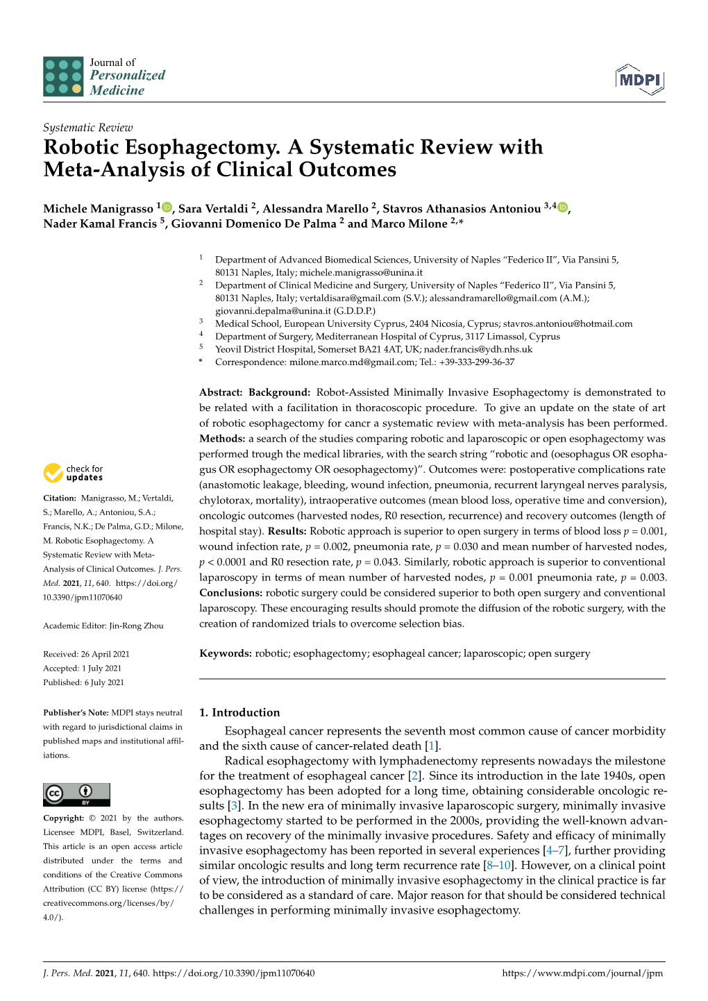 Robotic Esophagectomy. a Systematic Review with Meta-Analysis of Clinical Outcomes