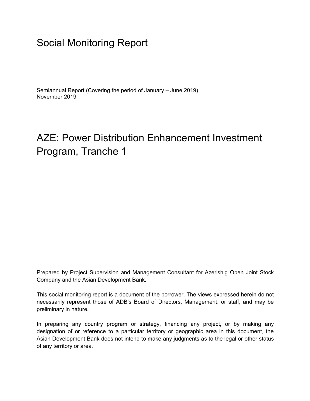 Power Distribution Enhancement Investment Program – Tranche 1: Social Monitoring Report (January-June 2019)