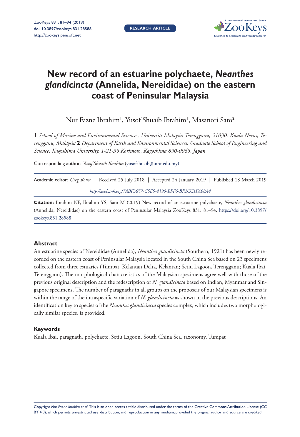 New Record of an Estuarine Polychaete, Neanthes Glandicincta