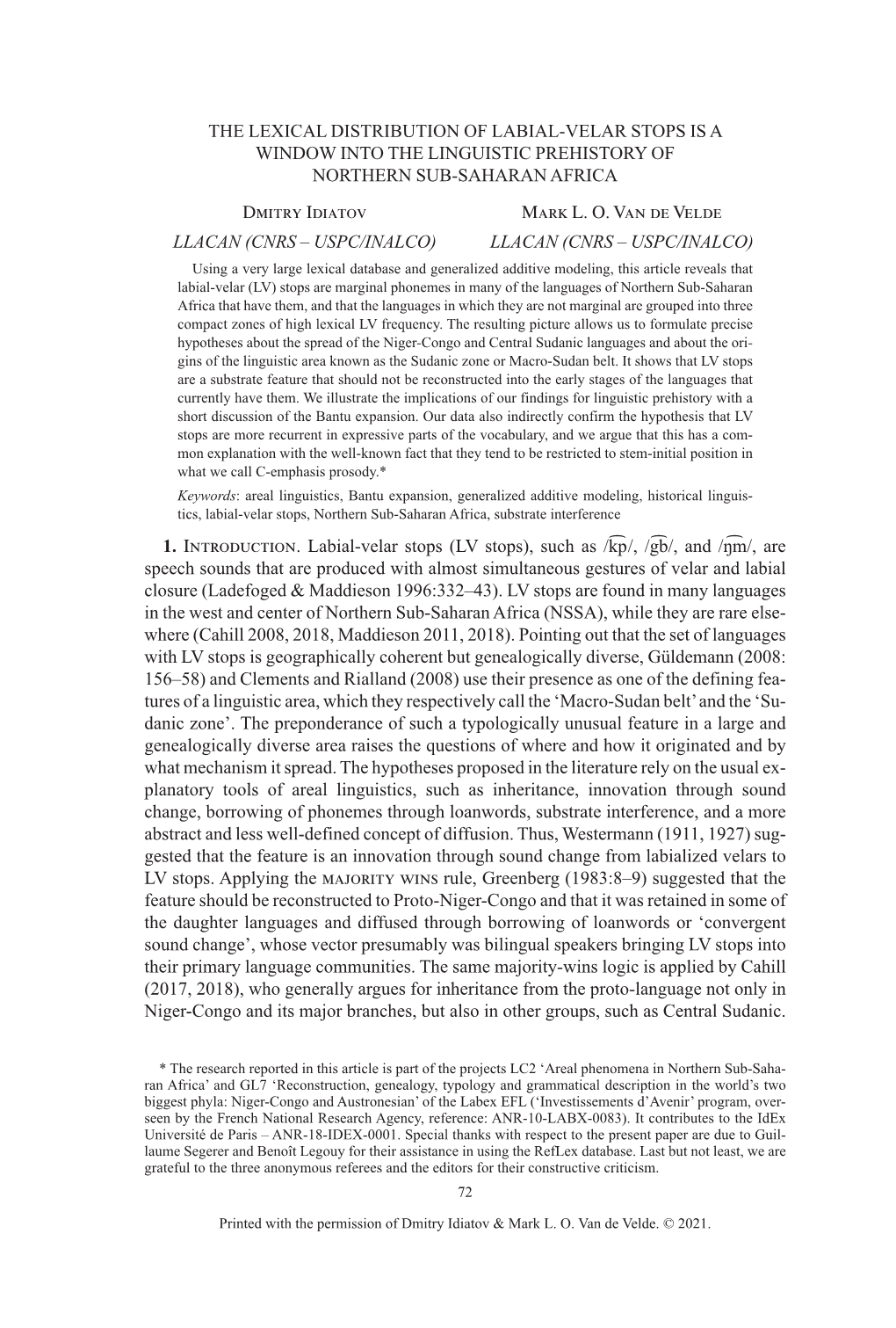 THE LEXICAL DISTRIBUTION of LABIAL-VELAR STOPS IS a WINDOW INTO the LINGUISTIC PREHISTORY of NORTHERN SUB-SAHARAN AFRICA Dmitry Idiatov Mark L