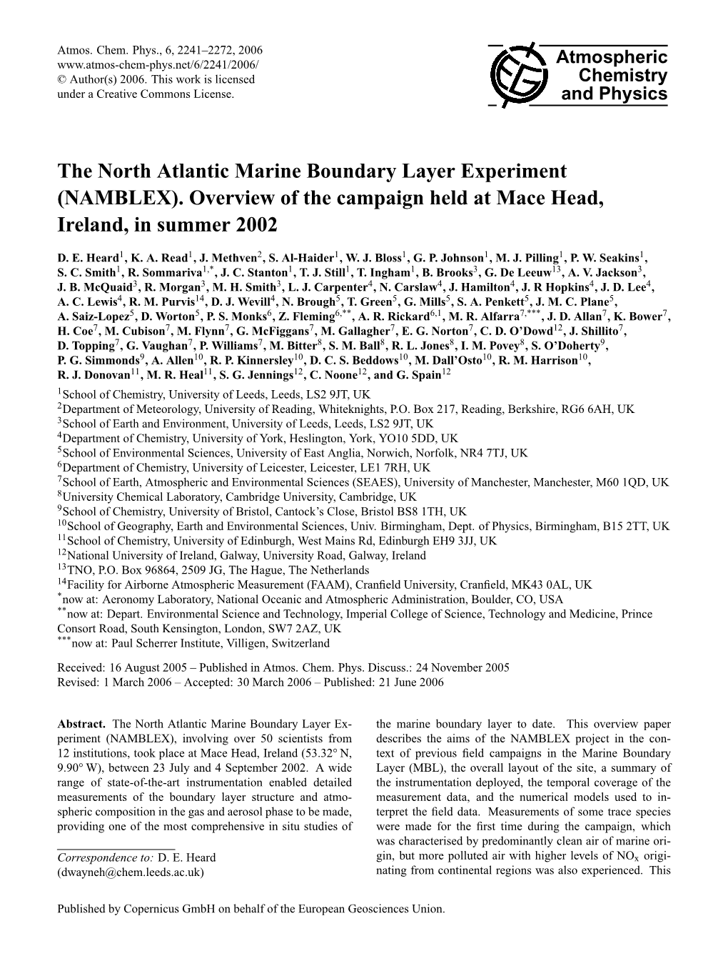 The North Atlantic Marine Boundary Layer Experiment (NAMBLEX). Overview of the Campaign Held at Mace Head, Ireland, in Summer 2002