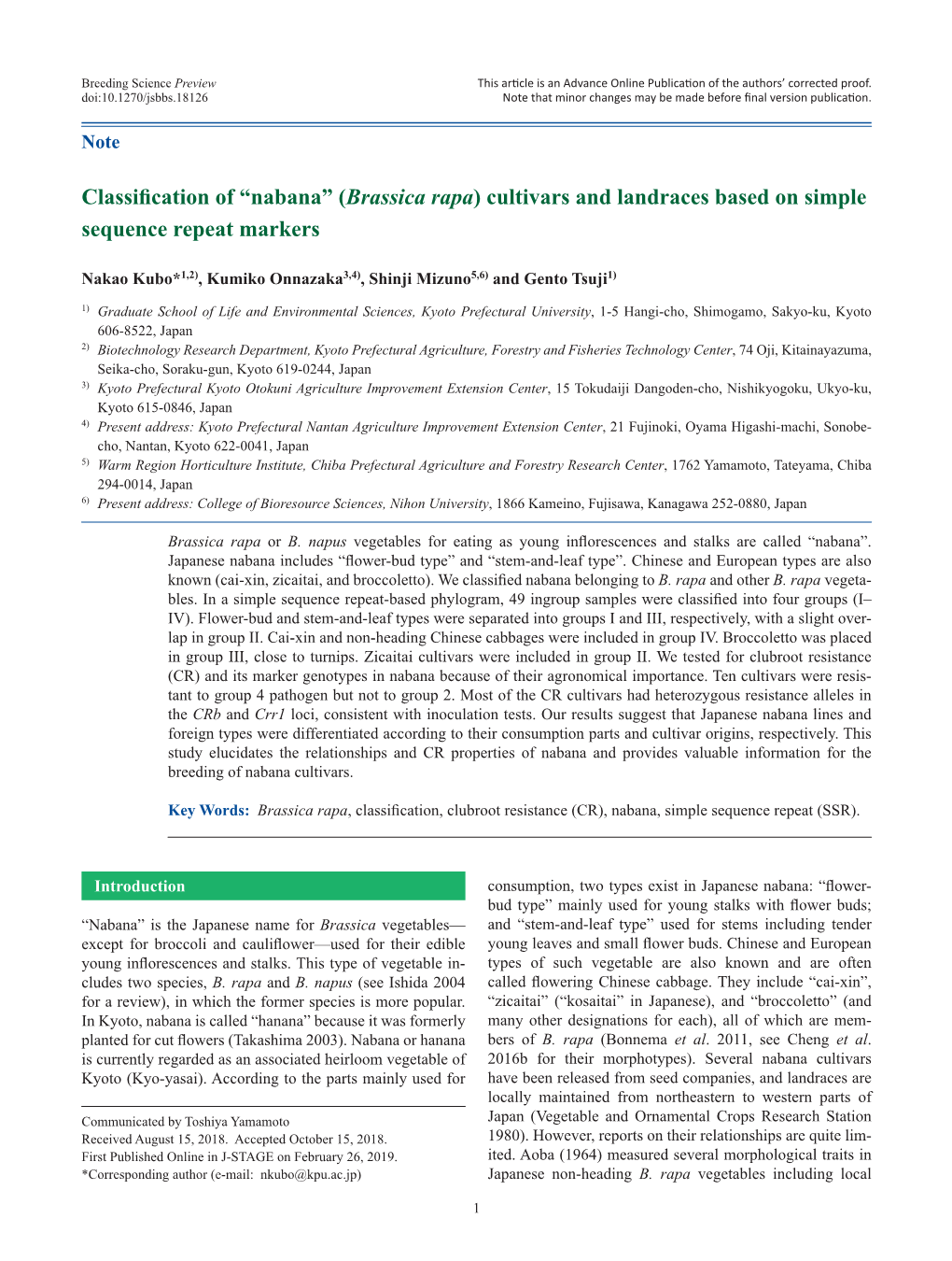 Brassica Rapa) Cultivars and Landraces Based on Simple Sequence Repeat Markers