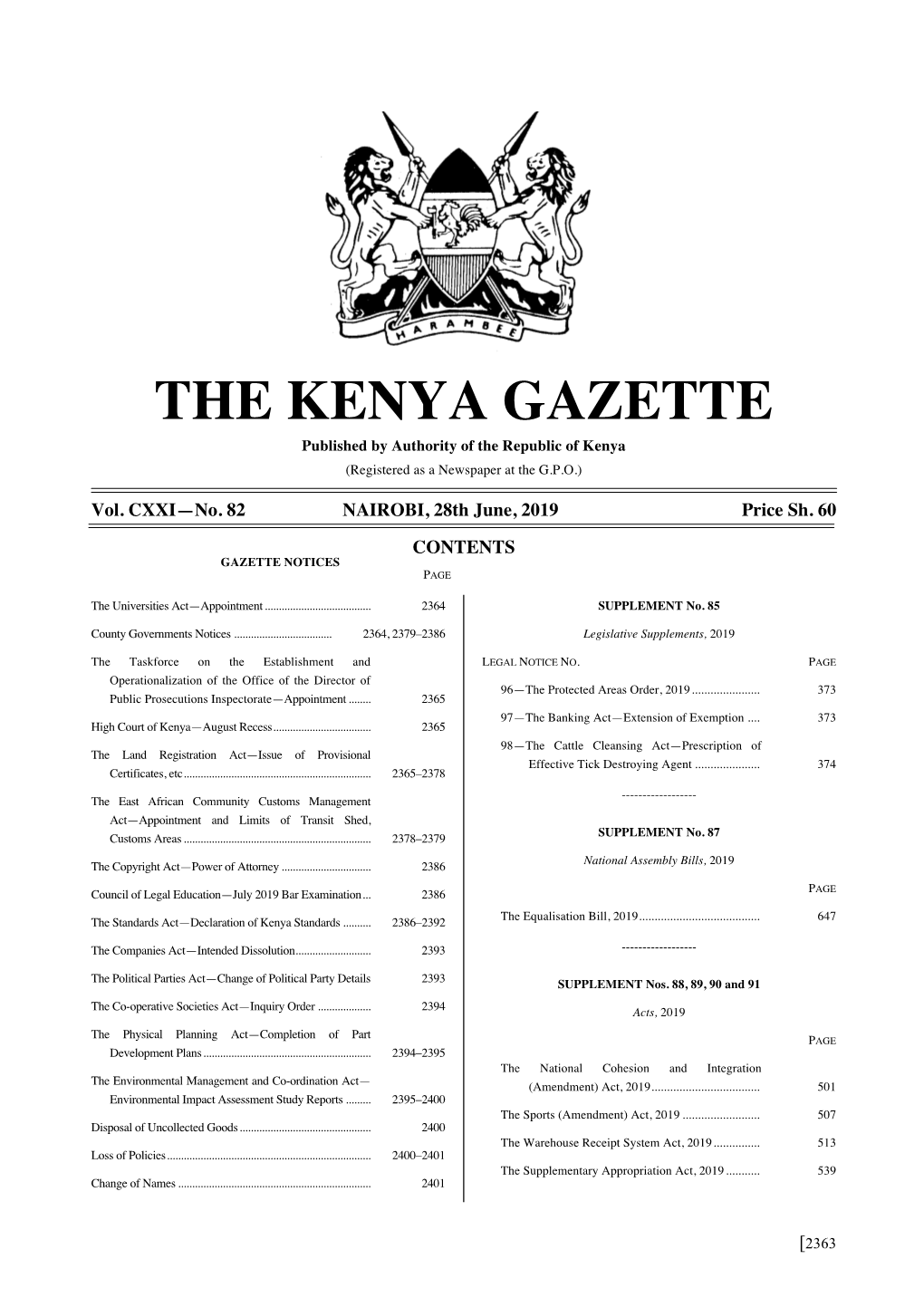 THE KENYA GAZETTE Published by Authority of the Republic of Kenya (Registered As a Newspaper at the G.P.O.)