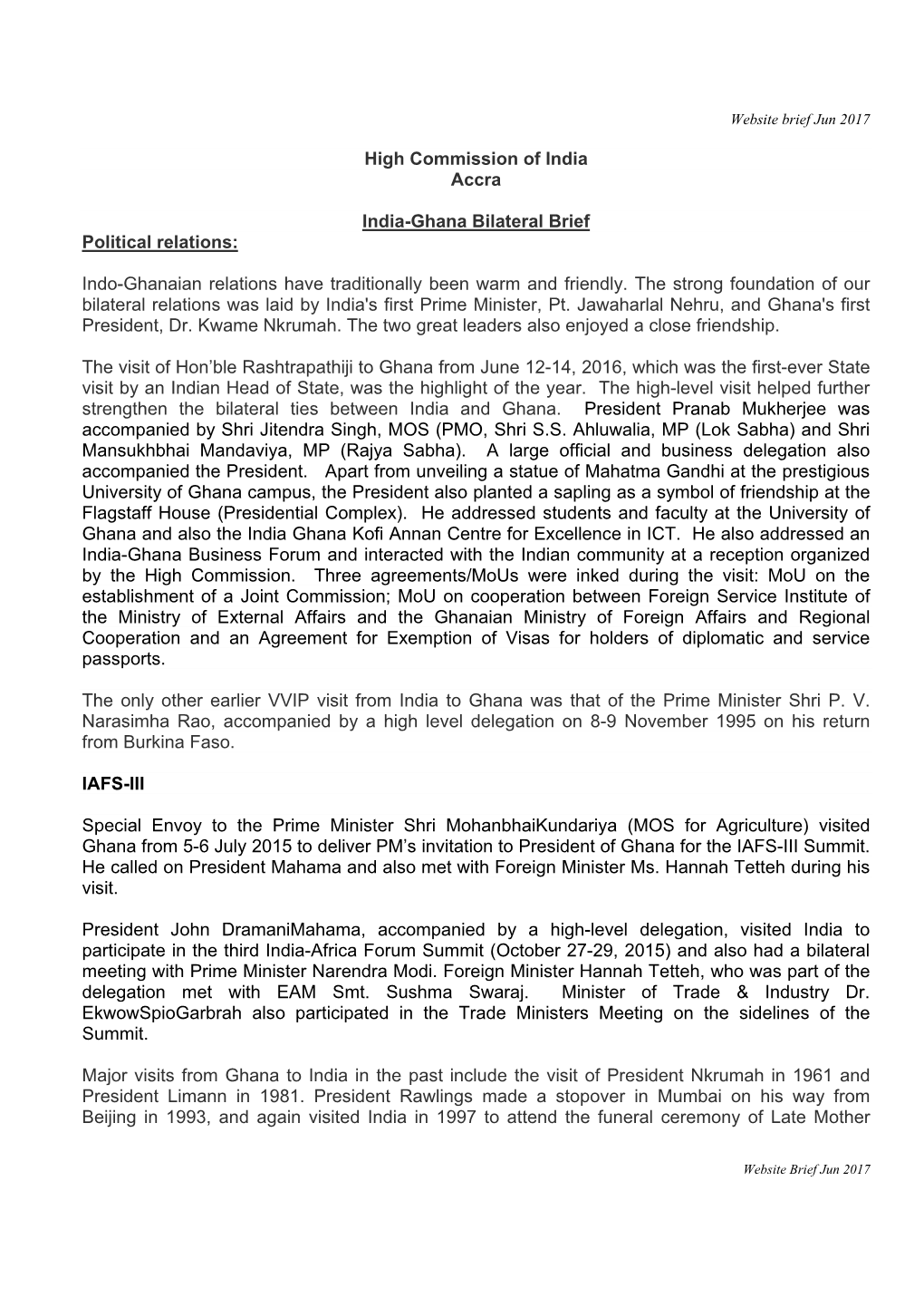 High Commission of India Accra India-Ghana Bilateral Brief Political
