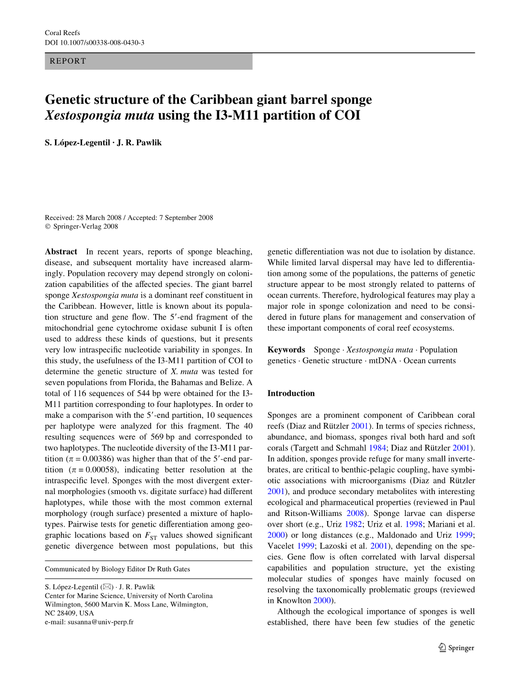 Genetic Structure of the Caribbean Giant Barrel Sponge Xestospongia Muta Using the I3-M11 Partition of COI