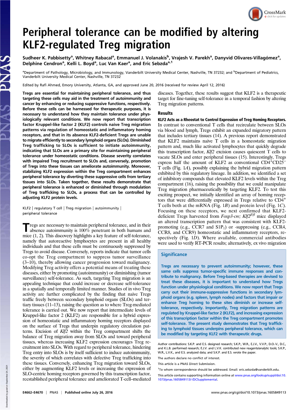 Peripheral Tolerance Can Be Modified by Altering KLF2-Regulated Treg Migration